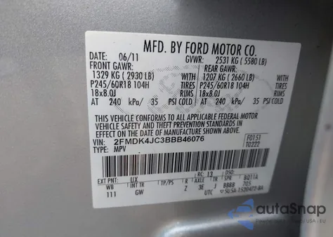 2011 Ford Edge Sel из США, поврежденный, VIN 2FMDK4JC3BBB46076